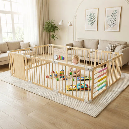 Goyaki Natural Wooden Baby Playpen with Built-in Toy Panels, Foldable & Shape-Changeable Kids Activity Center, CPC & CPSIA Certified Safety Toddler Gate