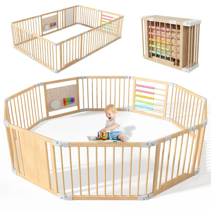 Goyaki Natural Wooden Baby Playpen with Built-in Toy Panels, Foldable & Shape-Changeable Kids Activity Center, CPC & CPSIA Certified Safety Toddler Gate