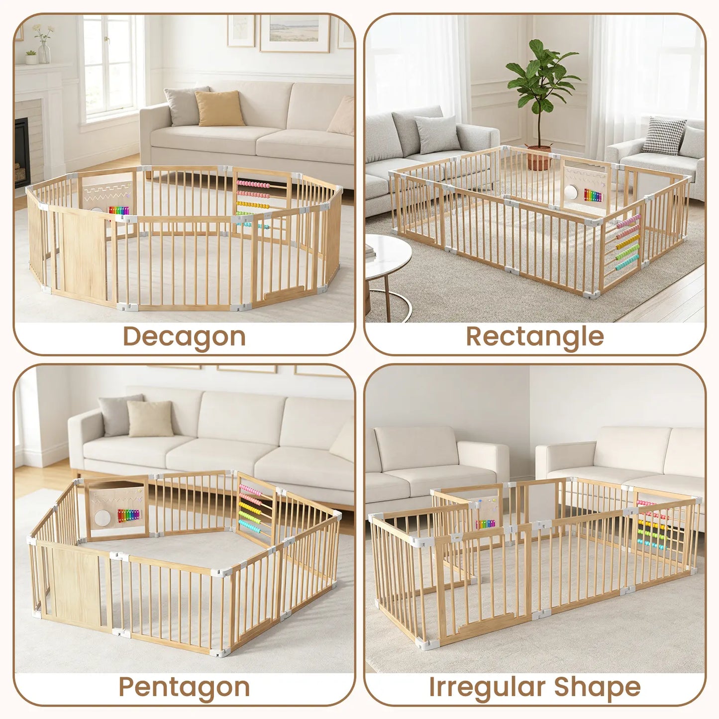 Goyaki Natural Wooden Baby Playpen with Built-in Toy Panels, Foldable & Shape-Changeable Kids Activity Center, CPC & CPSIA Certified Safety Toddler Gate