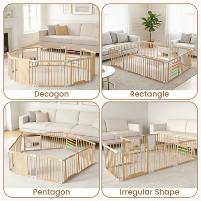 Goyaki Natural Wooden Baby Playpen with Built-in Toy Panels, Foldable & Shape-Changeable Kids Activity Center, CPC & CPSIA Certified Safety Toddler Gate