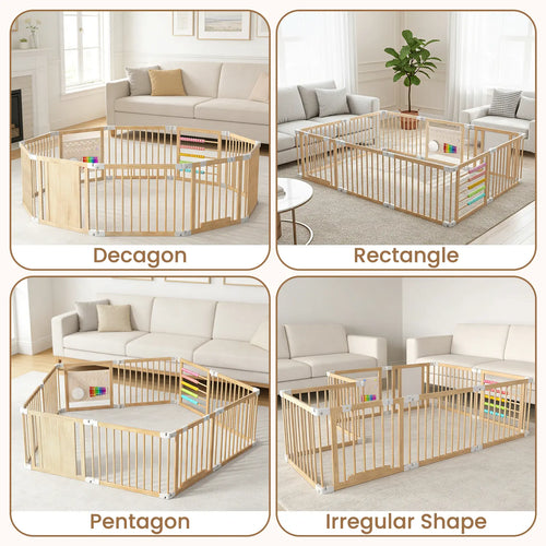 Goyaki Natural Wooden Baby Playpen with Built-in Toy Panels, Foldable & Shape-Changeable Kids Activity Center, CPC & CPSIA Certified Safety Toddler Gate