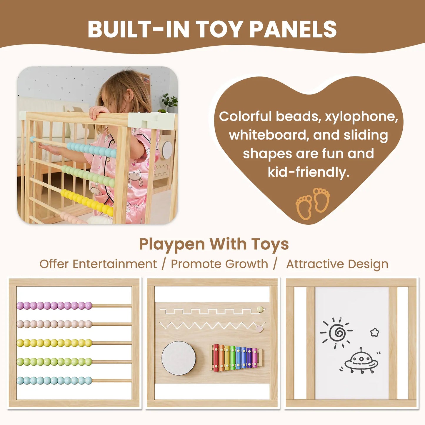 Goyaki Natural Wooden Baby Playpen with Built-in Toy Panels, Foldable & Shape-Changeable Kids Activity Center, CPC & CPSIA Certified Safety Toddler Gate