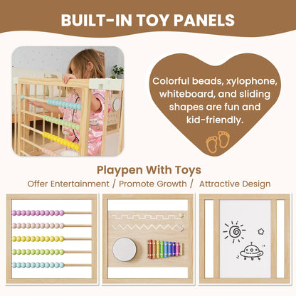 Goyaki Natural Wooden Baby Playpen with Built-in Toy Panels, Foldable & Shape-Changeable Kids Activity Center, CPC & CPSIA Certified Safety Toddler Gate