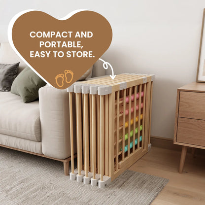 Goyaki Natural Wooden Baby Playpen with Built-in Toy Panels, Foldable & Shape-Changeable Kids Activity Center, CPC & CPSIA Certified Safety Toddler Gate