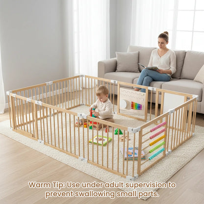 Goyaki Natural Wooden Baby Playpen with Built-in Toy Panels, Foldable & Shape-Changeable Kids Activity Center, CPC & CPSIA Certified Safety Toddler Gate