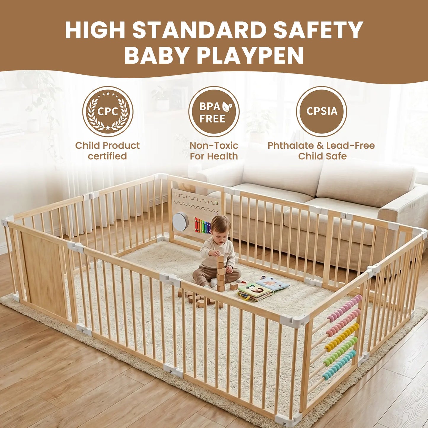 Goyaki Natural Wooden Baby Playpen with Built-in Toy Panels, Foldable & Shape-Changeable Kids Activity Center, CPC & CPSIA Certified Safety Toddler Gate