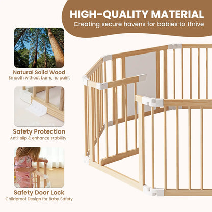 Goyaki Natural Wooden Baby Playpen with Built-in Toy Panels, Foldable & Shape-Changeable Kids Activity Center, CPC & CPSIA Certified Safety Toddler Gate