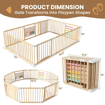Goyaki Natural Wooden Baby Playpen with Built-in Toy Panels, Foldable & Shape-Changeable Kids Activity Center, CPC & CPSIA Certified Safety Toddler Gate
