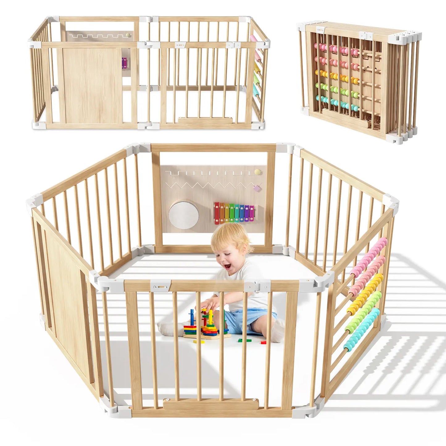 Goyaki Natural Wooden Baby Playpen with Built-in Toy Panels, Foldable & Shape-Changeable Kids Activity Center, CPC & CPSIA Certified Safety Toddler Gate